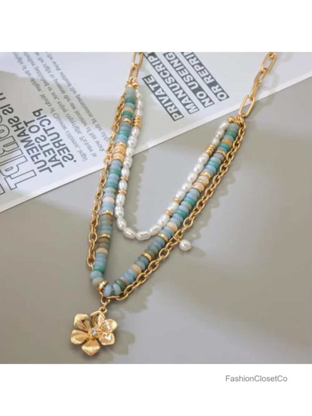 Layered Beaded Necklace with Flower Pendant for Women